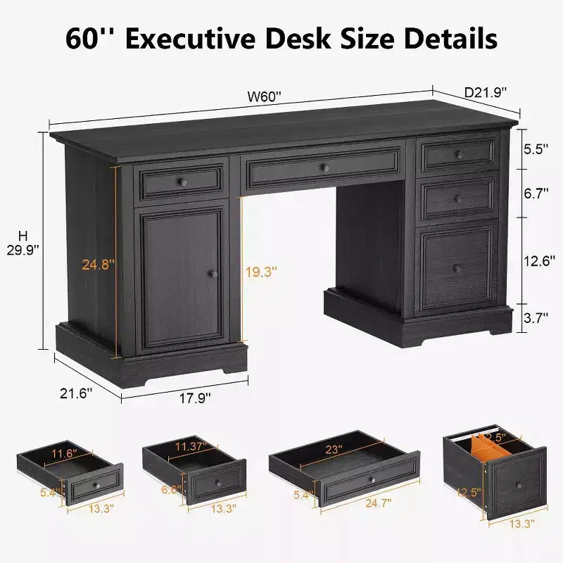 Dyonery 60 Farmhouse Executive Desk for Home Office - Wooden Writing Desk with Drawers, Cabinet Storage,Rustic Home Office Desk for Work Study