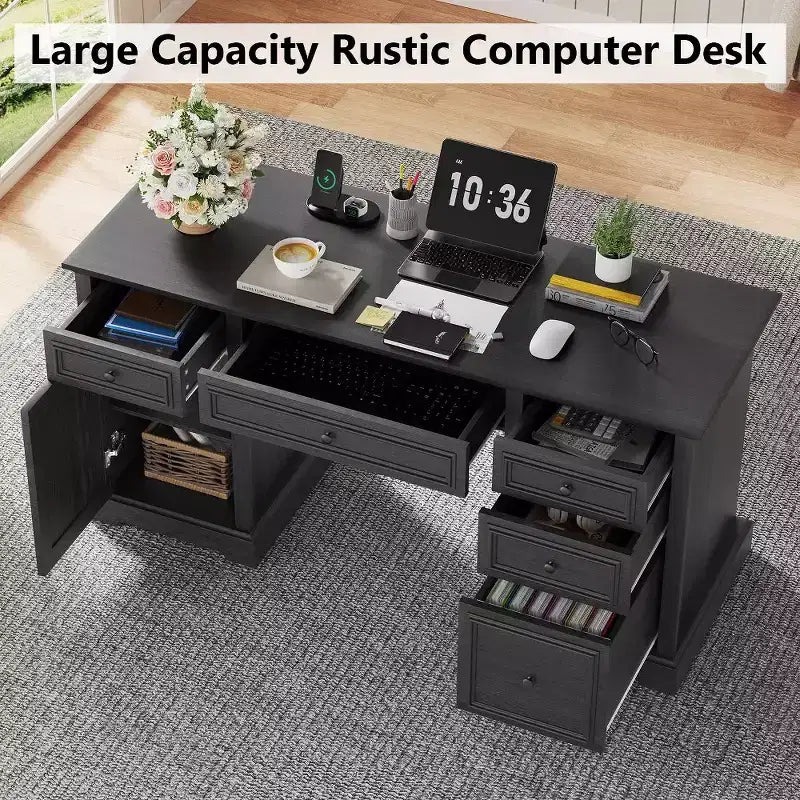 Dyonery 60 Farmhouse Executive Desk for Home Office - Wooden Writing Desk with Drawers, Cabinet Storage,Rustic Home Office Desk for Work Study