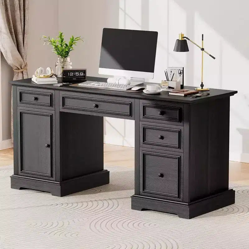 Dyonery 60 Farmhouse Executive Desk for Home Office - Wooden Writing Desk with Drawers, Cabinet Storage,Rustic Home Office Desk for Work Study