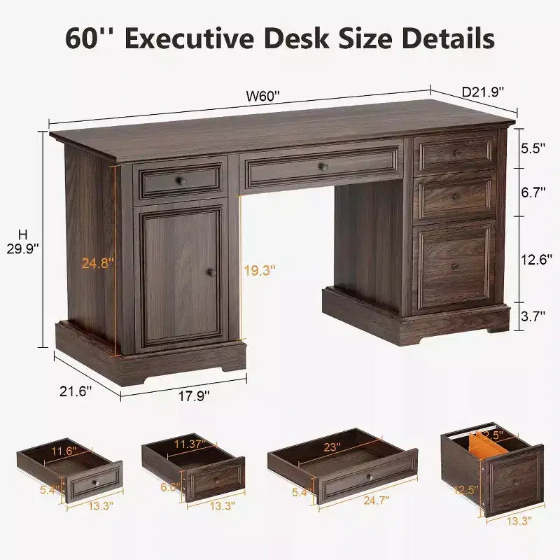 Dyonery 60 Farmhouse Executive Desk for Home Office - Wooden Writing Desk with Drawers, Cabinet Storage,Rustic Home Office Desk for Work Study