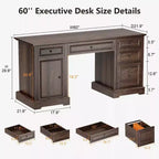 Dyonery 60 Farmhouse Executive Desk for Home Office - Wooden Writing Desk with Drawers, Cabinet Storage,Rustic Home Office Desk for Work Study