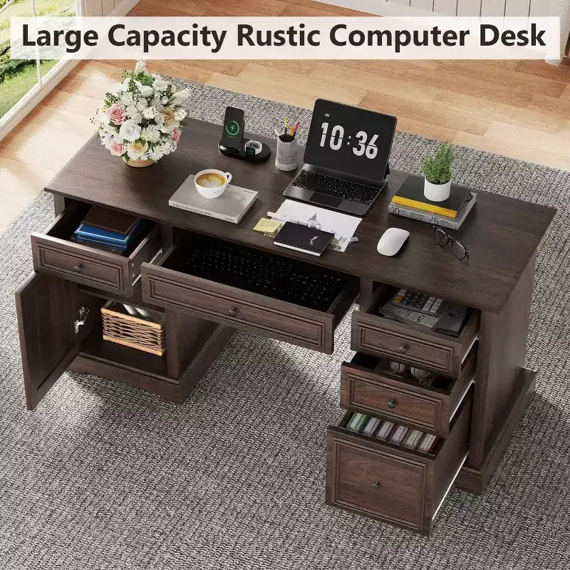 Dyonery 60 Farmhouse Executive Desk for Home Office - Wooden Writing Desk with Drawers, Cabinet Storage,Rustic Home Office Desk for Work Study