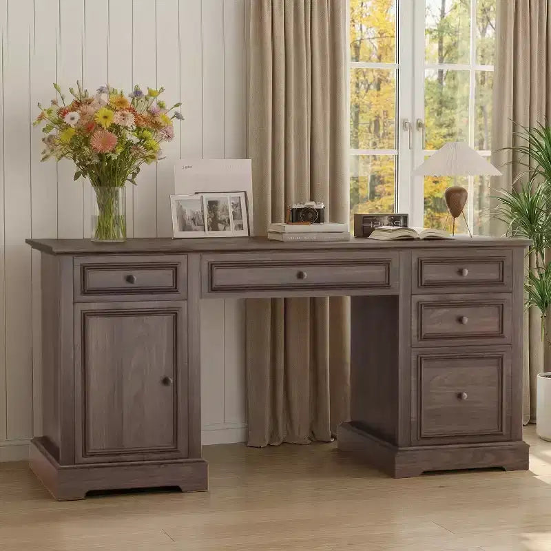 Dyonery 60 Farmhouse Executive Desk for Home Office - Wooden Writing Desk with Drawers, Cabinet Storage,Rustic Home Office Desk for Work Study
