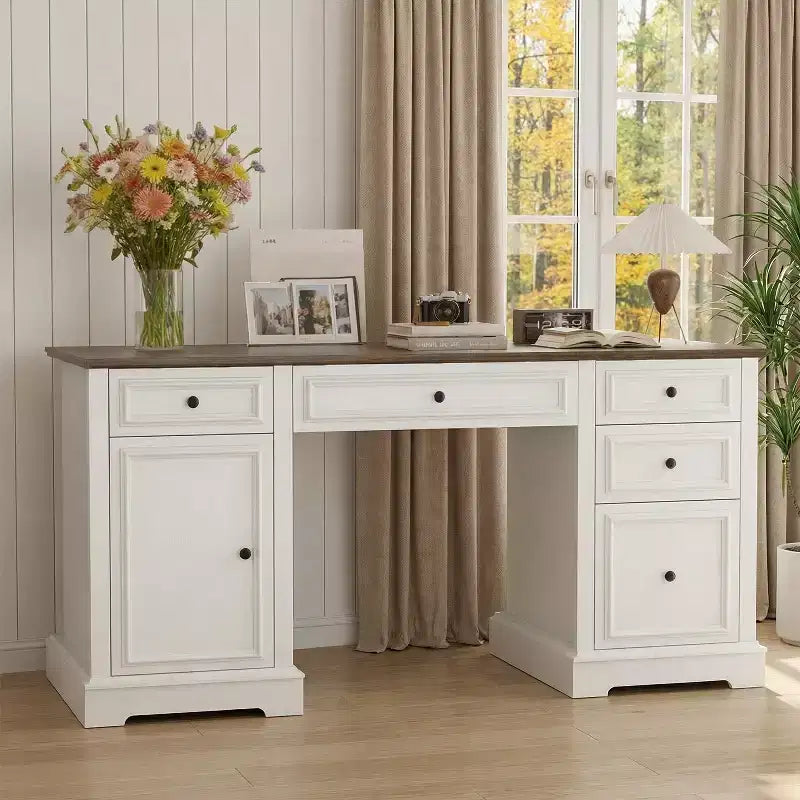 Dyonery 60 Farmhouse Executive Desk for Home Office - Wooden Writing Desk with Drawers, Cabinet Storage,Rustic Home Office Desk for Work Study