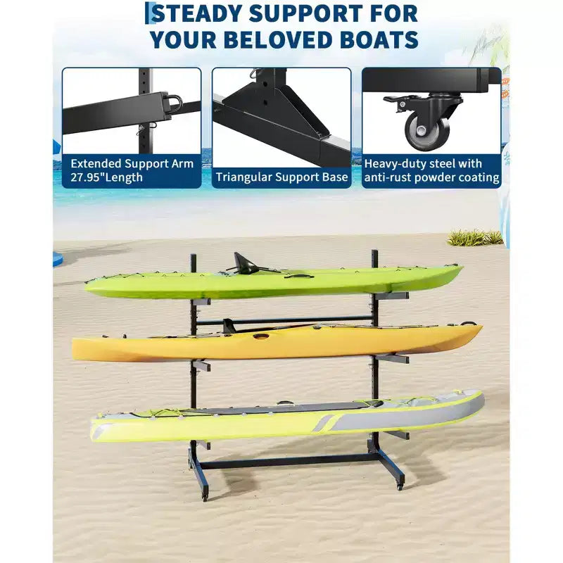 COZONY Supporto Robusto per 3 Kayak, Scaffale Autoportante a 3 Livelli con Ruote e Cinghie di Sospensione