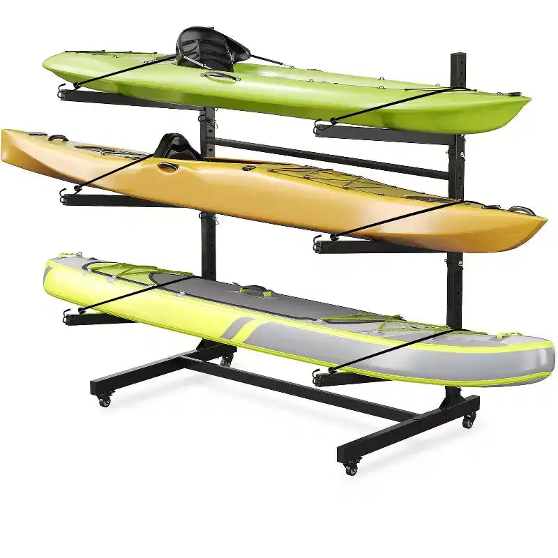 COZONY Supporto Robusto per 3 Kayak, Scaffale Autoportante a 3 Livelli con Ruote e Cinghie di Sospensione