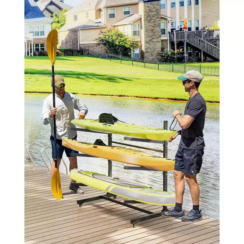 COZONY Supporto Robusto per 3 Kayak, Scaffale Autoportante a 3 Livelli con Ruote e Cinghie di Sospensione