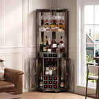Corner Bar Cabinet with Wine Rack, 72 Tall Wine Cabinet with Acrylic Mirror & Glass Rack, Wooden Liquor Display Cabinet for Dining Room Kitchen