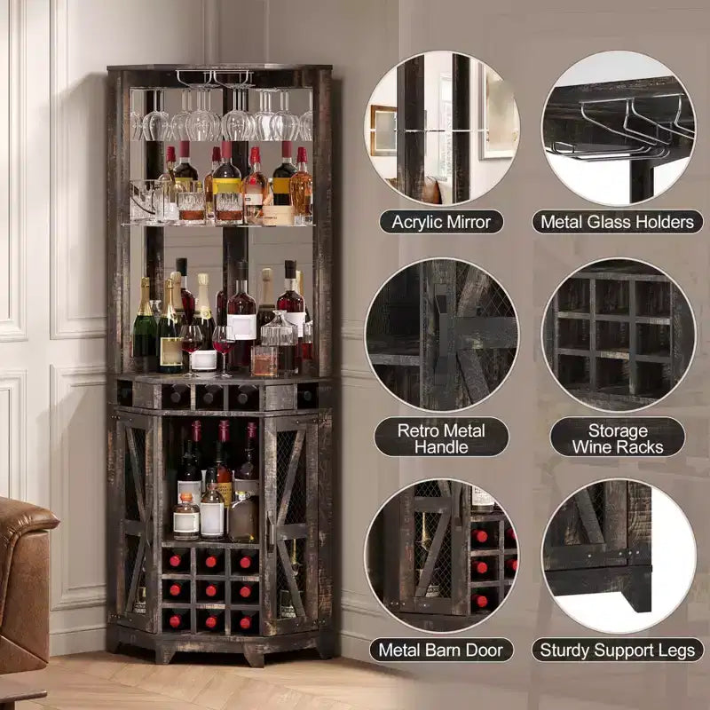 Corner Bar Cabinet with Wine Rack, 72 Tall Wine Cabinet with Acrylic Mirror & Glass Rack, Wooden Liquor Display Cabinet for Dining Room Kitchen