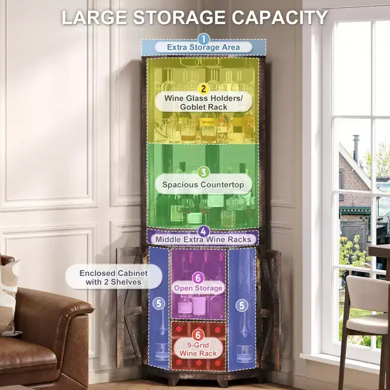 Corner Bar Cabinet with Wine Rack, 72 Tall Wine Cabinet with Acrylic Mirror & Glass Rack, Wooden Liquor Display Cabinet for Dining Room Kitchen