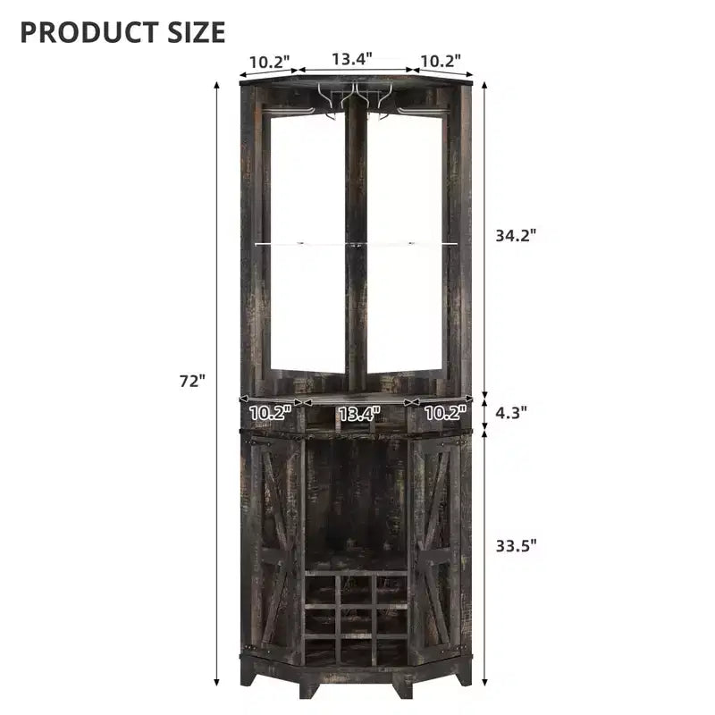 Corner Bar Cabinet with Wine Rack, 72 Tall Wine Cabinet with Acrylic Mirror & Glass Rack, Wooden Liquor Display Cabinet for Dining Room Kitchen