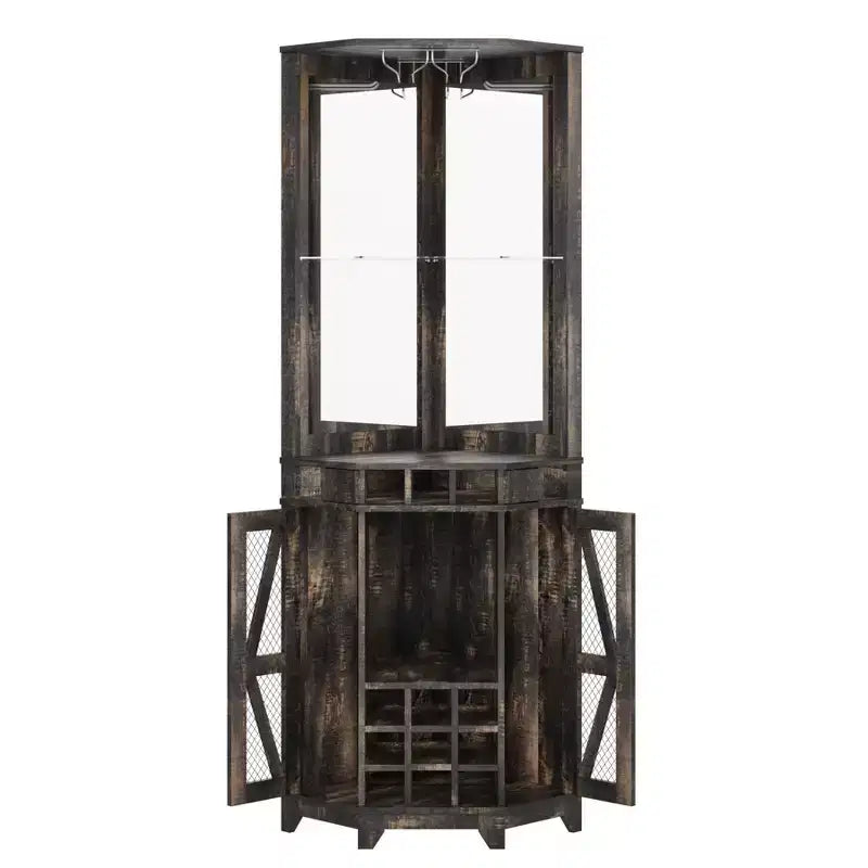 Corner Bar Cabinet with Wine Rack, 72 Tall Wine Cabinet with Acrylic Mirror & Glass Rack, Wooden Liquor Display Cabinet for Dining Room Kitchen