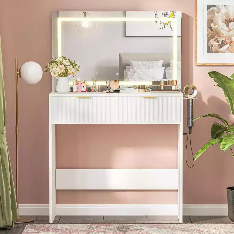 51 Makeup Vanity with Lighted Mirror and Adjustable Lights - Natural Wood Dressing Table for Bedroom