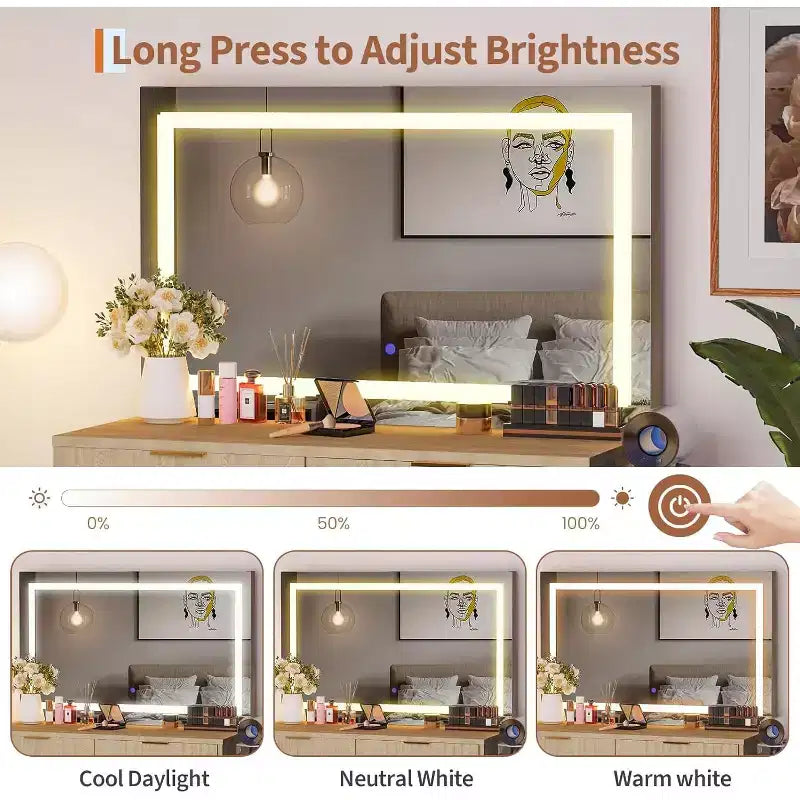 51 Makeup Vanity with Lighted Mirror and Adjustable Lights - Natural Wood Dressing Table for Bedroom
