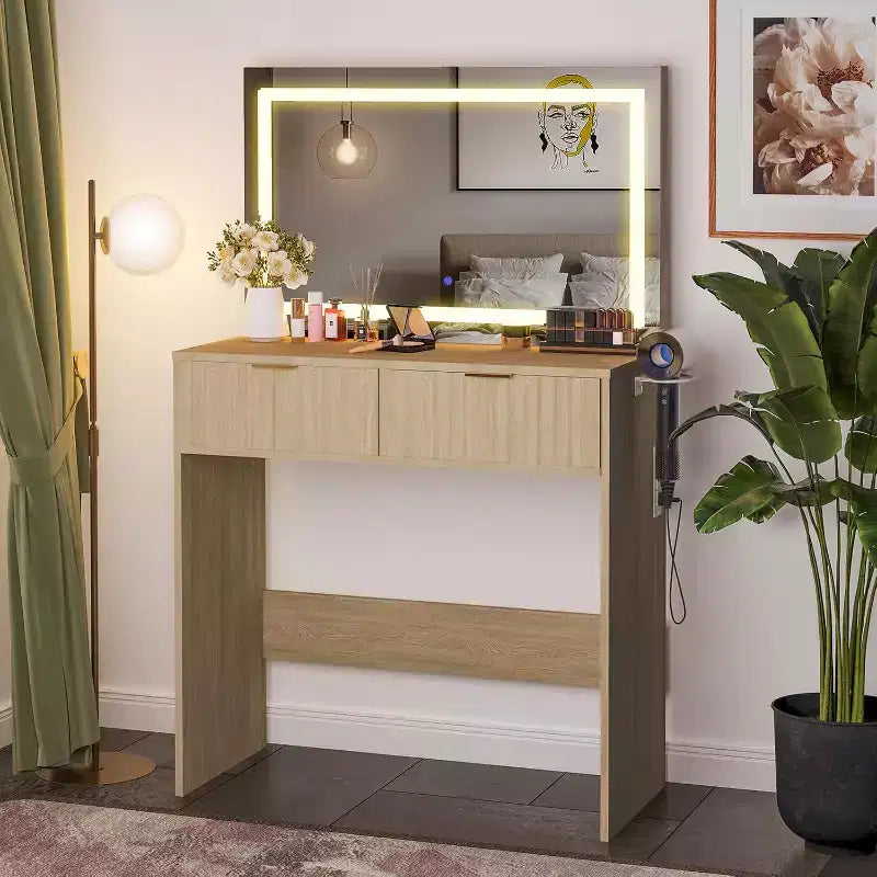 51 Makeup Vanity with Lighted Mirror and Adjustable Lights - Natural Wood Dressing Table for Bedroom