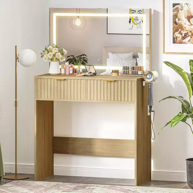 51 Makeup Vanity with Lighted Mirror and Adjustable Lights - Natural Wood Dressing Table for Bedroom