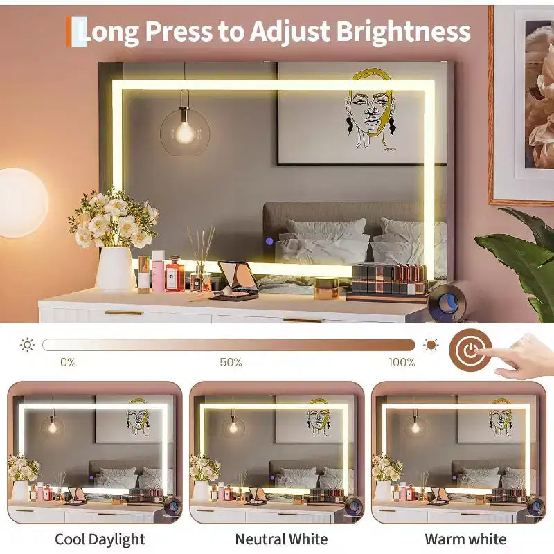 51 Makeup Vanity with Lighted Mirror and Adjustable Lights - Natural Wood Dressing Table for Bedroom