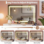 51 Makeup Vanity with Lighted Mirror and Adjustable Lights - Natural Wood Dressing Table for Bedroom