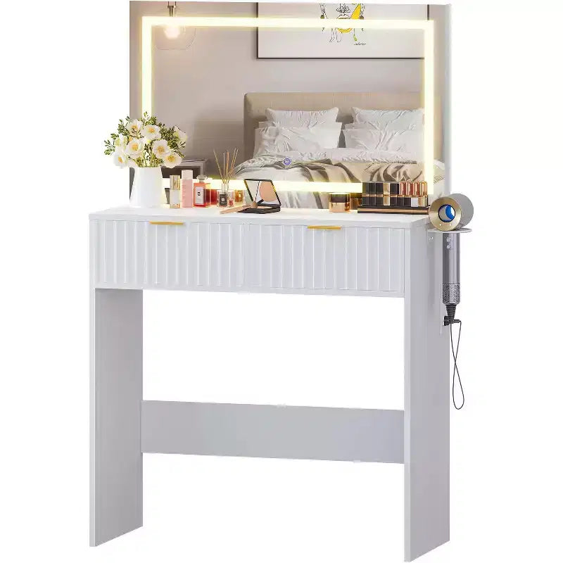 51 Makeup Vanity with Lighted Mirror and Adjustable Lights - Natural Wood Dressing Table for Bedroom