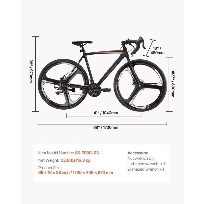 NAYSAYE Bicicletta da Corsa da Strada 700C con 21 Velocità Telaio in Acciaio al Carbonio e Freni a Disco per Pendolarismo Urbano, Nero, 53.74*8.27*29.13