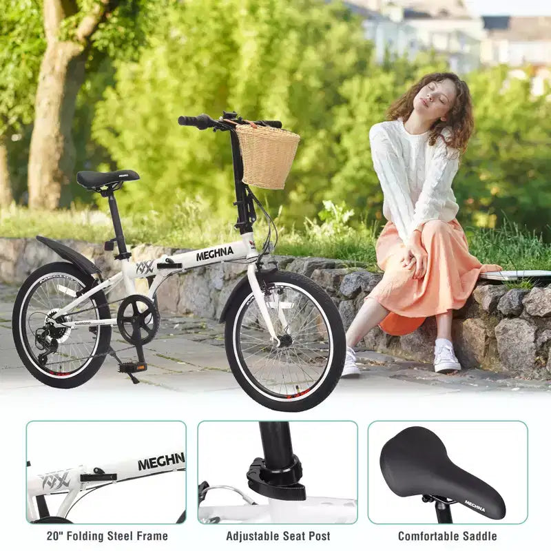 NAYSAYE Bicicletta Pieghevole da 20 Pollici per Adulti con Cestino Portacellulare Parafanghi 6 Velocità Telaio in Acciaio Doppi Freni a V per Uomini e Donne, Bianca, 61*26.38*42.13
