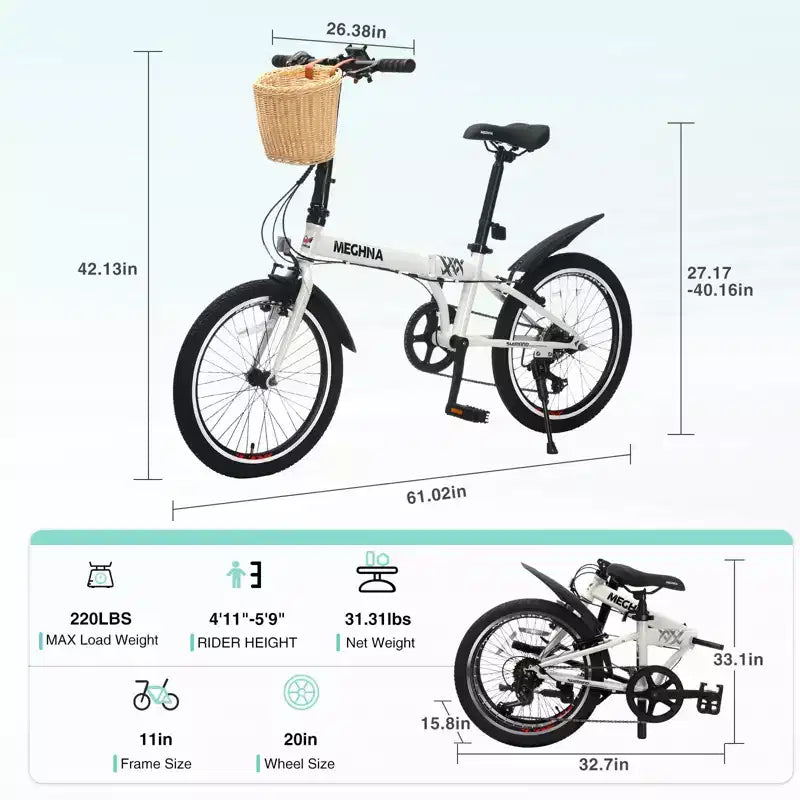 NAYSAYE Bicicletta Pieghevole da 20 Pollici per Adulti con Cestino Portacellulare Parafanghi 6 Velocità Telaio in Acciaio Doppi Freni a V per Uomini e Donne, Bianca, 61*26.38*42.13