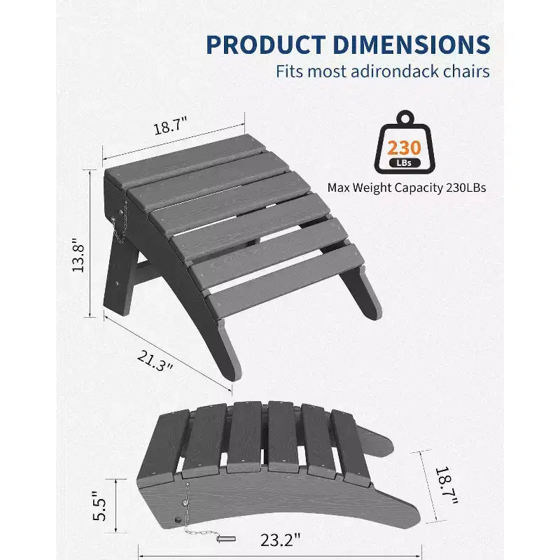 Folding Ottoman, HDPE Outdoor Footrest for Adirondack Chair, All-Weather Resistant for Deck Backyard Patio Outside
