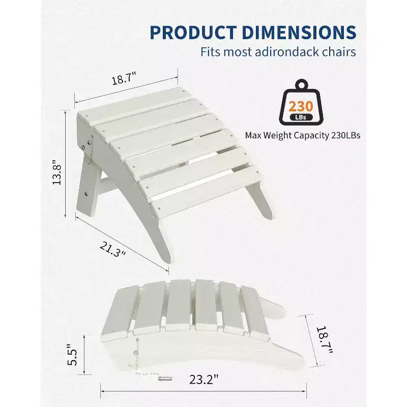 Folding Ottoman, HDPE Outdoor Footrest for Adirondack Chair, All-Weather Resistant for Deck Backyard Patio Outside