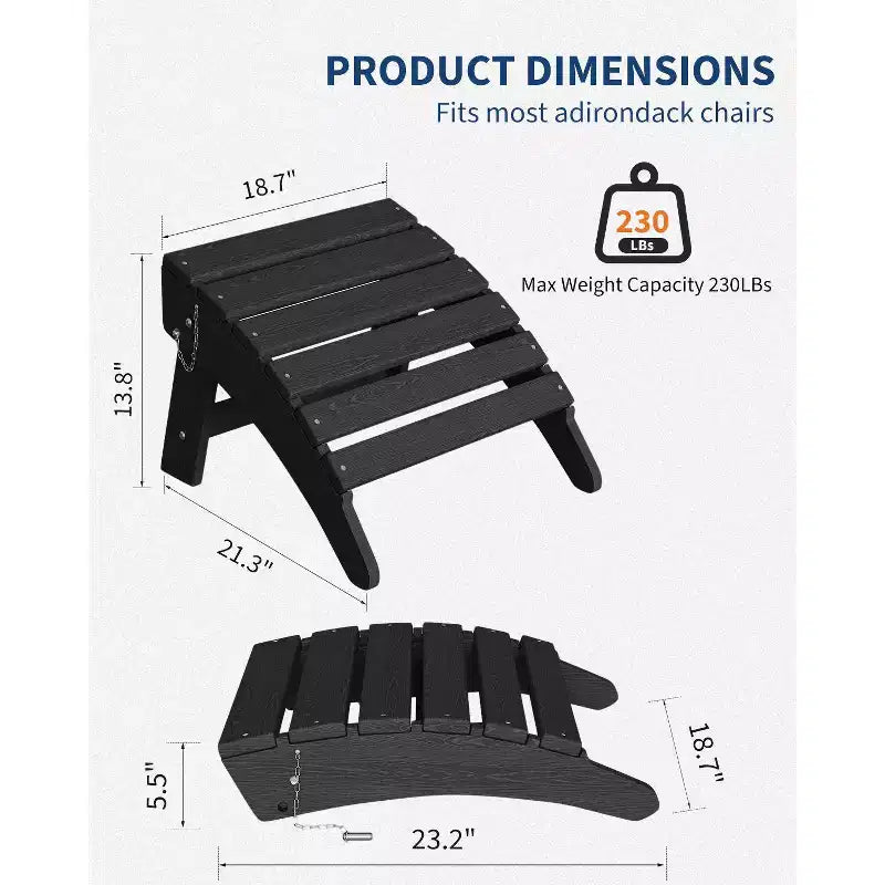 Folding Ottoman, HDPE Outdoor Footrest for Adirondack Chair, All-Weather Resistant for Deck Backyard Patio Outside