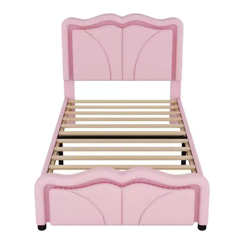 Luxystar PU Upholstered Platform Bed with Height-adjustbale Headboard for Kids? Room, Pink