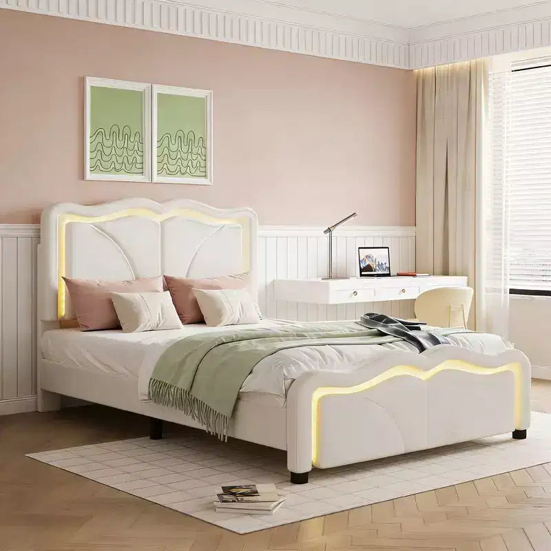 Luxystar PU Upholstered Platform Bed with Height-adjustbale Headboard for Kids? Room, Pink