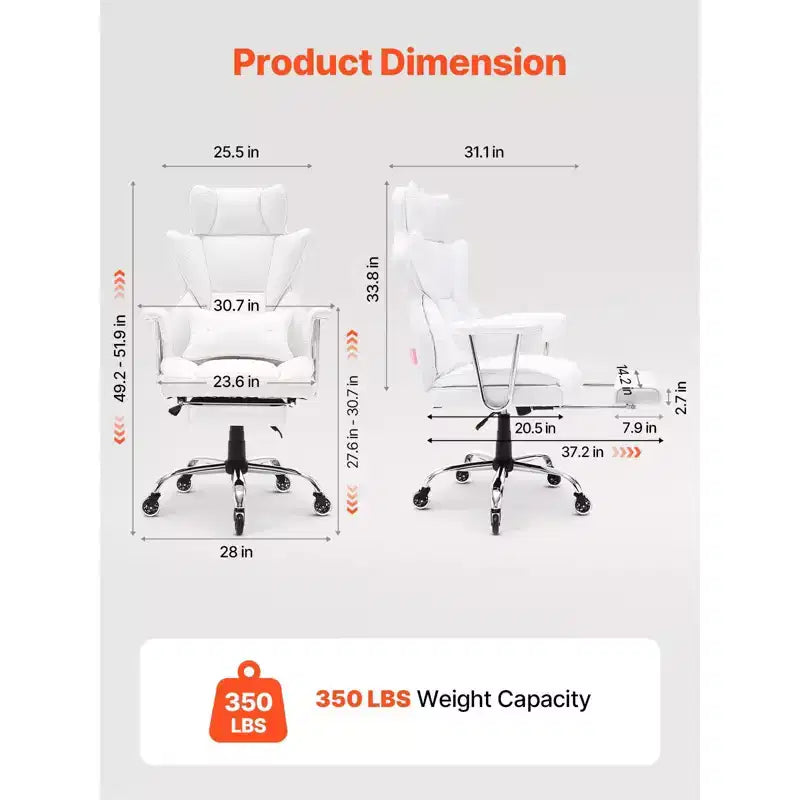 VEVOR Reclining Office Chair with Footrest, Heavy Duty PU Leather Wide Office Chair, Big and Tall Executive Office Chairs with Lumbar Support, White