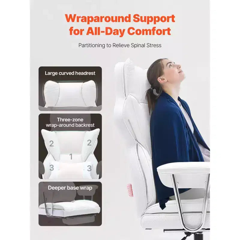 VEVOR Reclining Office Chair with Footrest, Heavy Duty PU Leather Wide Office Chair, Big and Tall Executive Office Chairs with Lumbar Support, White