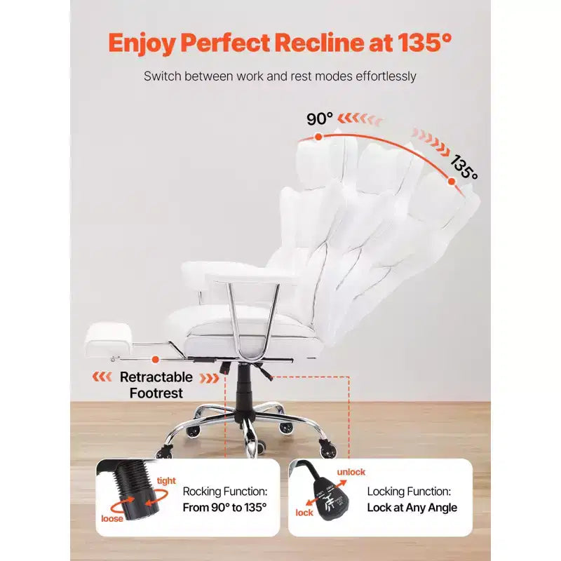 VEVOR Reclining Office Chair with Footrest, Heavy Duty PU Leather Wide Office Chair, Big and Tall Executive Office Chairs with Lumbar Support, White
