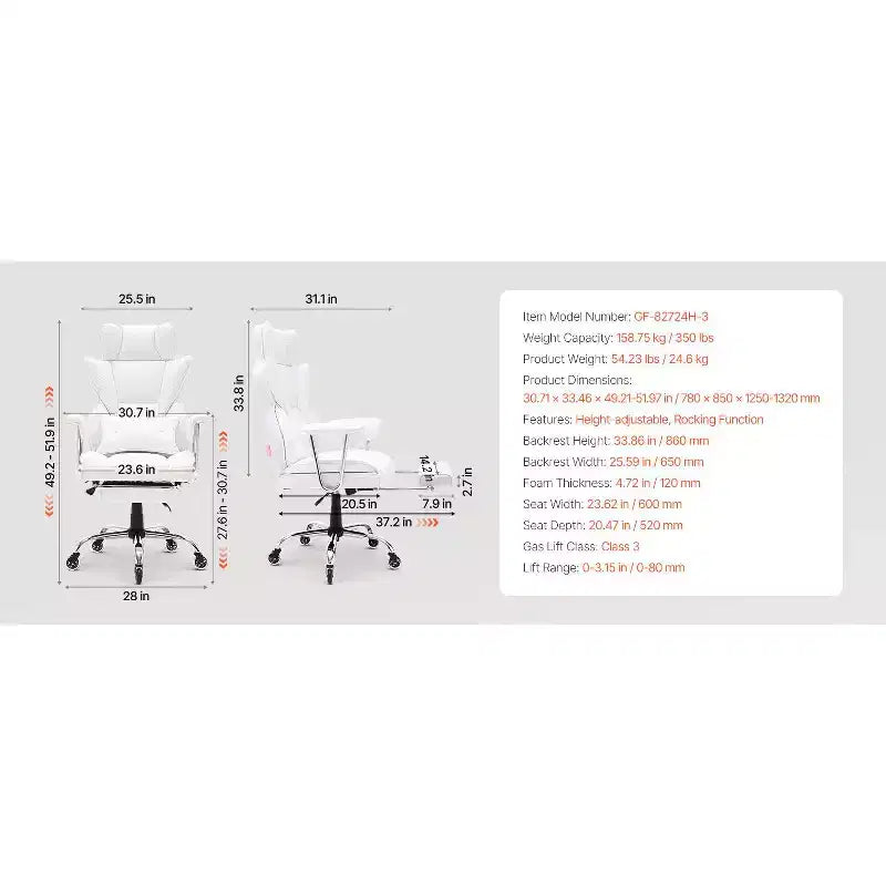 VEVOR Reclining Office Chair with Footrest, Heavy Duty PU Leather Wide Office Chair, Big and Tall Executive Office Chairs with Lumbar Support, White