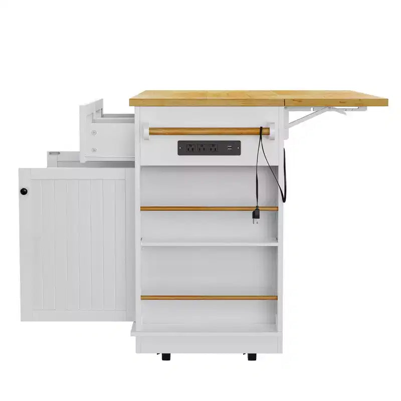 JVNOXK Isola da cucina grande 48 pollici a 5 ruote con 2 sgabelli da bar, presa di corrente, carrello con piano pieghevole, ripiani laterali aperti, 2 cassetti, bianco