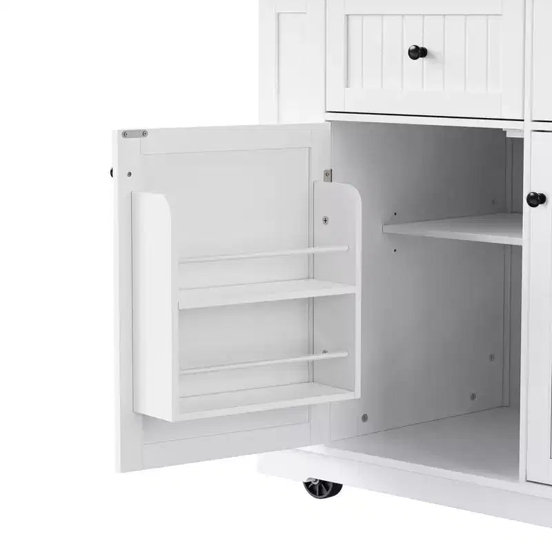JVNOXK Isola da cucina grande 48 pollici a 5 ruote con 2 sgabelli da bar, presa di corrente, carrello con piano pieghevole, ripiani laterali aperti, 2 cassetti, bianco