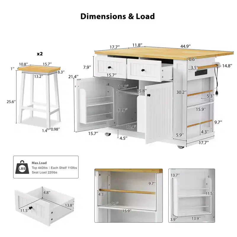 JVNOXK 48-inch Large 5-Wheel Kitchen Island with 2 Bar Stools, Power Outlet, Folding Table Top Storage Cart, Open Side Shelves, 2 Drawers, White