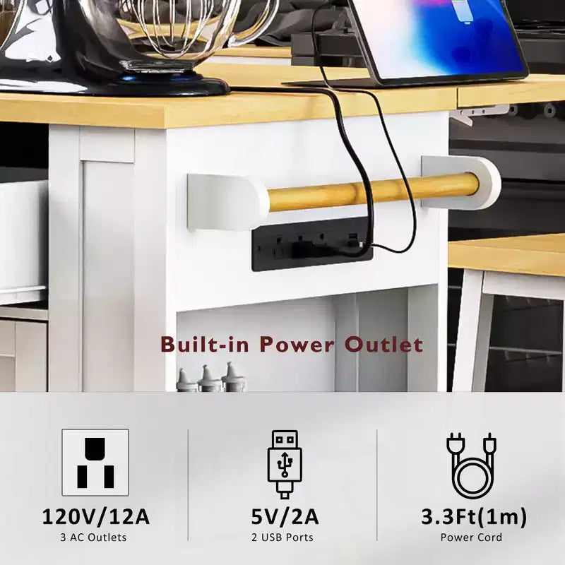 JVNOXK 48-inch Large 5-Wheel Kitchen Island with 2 Bar Stools, Power Outlet, Folding Table Top Storage Cart, Open Side Shelves, 2 Drawers, White