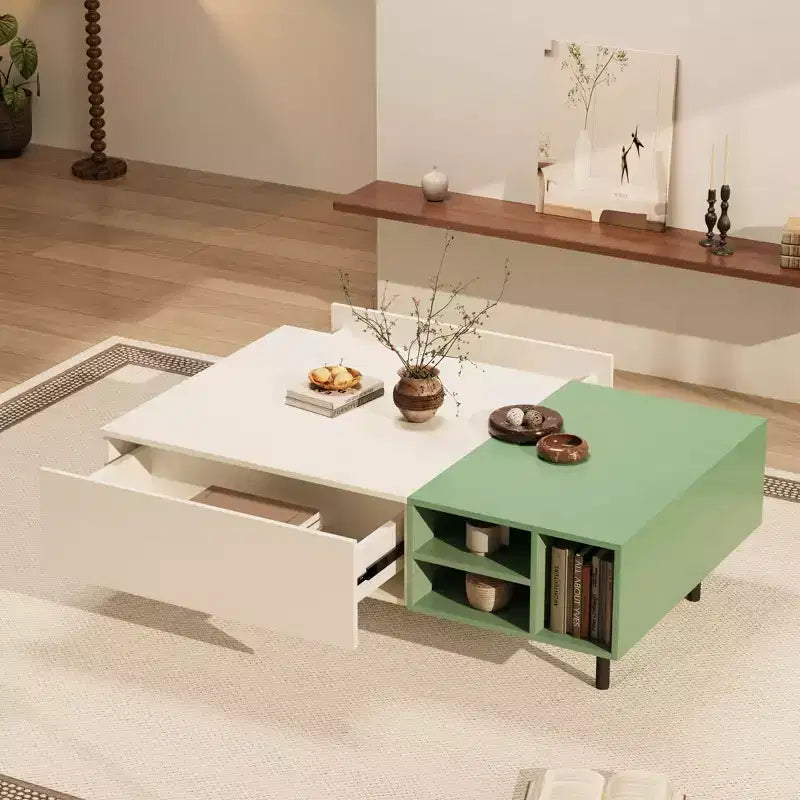 51.2 Inch Modern Color Block Coffee Table with Storage Mint Green and White Center Table with Drawers and Open Shelf for Living Room Gaoyangjiaju
