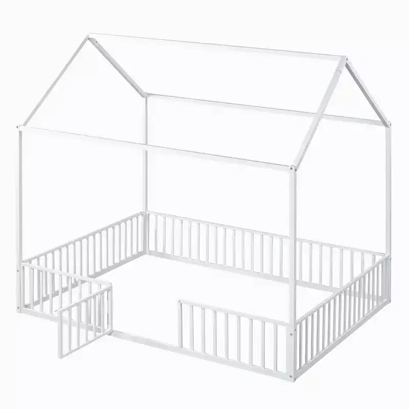 Luxystar Metal House Bed with Fence and Door for Kids's Room, White