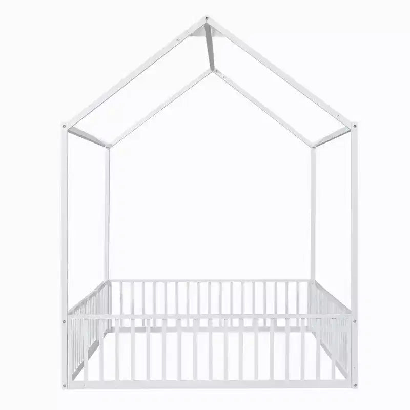 Luxystar Metal House Bed with Fence and Door for Kids's Room, White