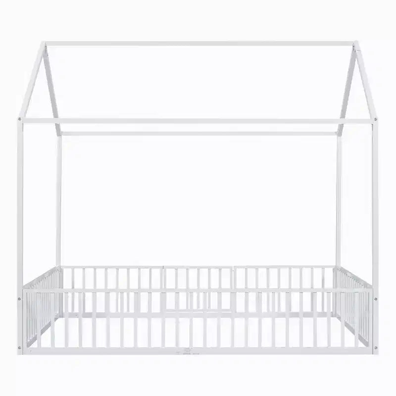 Luxystar Metal House Bed with Fence and Door for Kids's Room, White