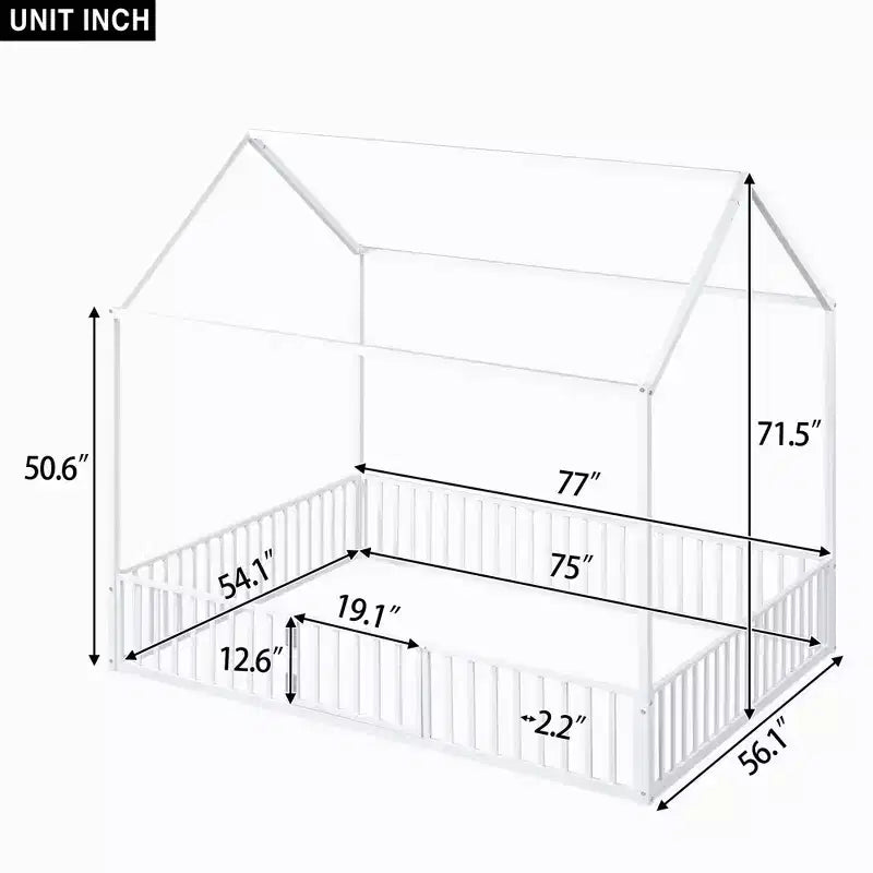 Luxystar Metal House Bed with Fence and Door for Kids's Room, White