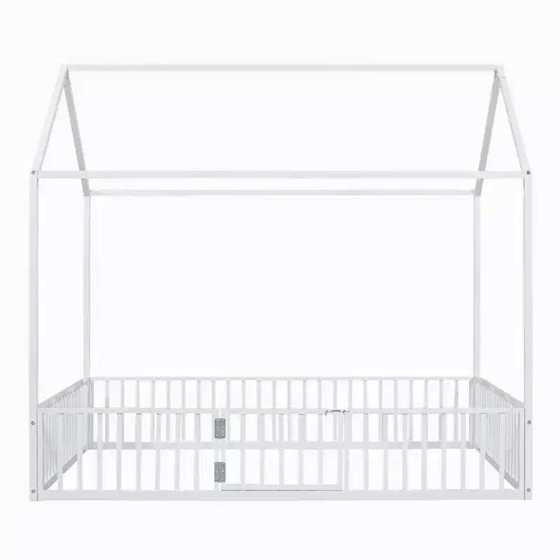 Luxystar Metal House Bed with Fence and Door for Kids's Room, White