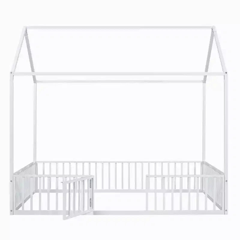 Luxystar Metal House Bed with Fence and Door for Kids's Room, White