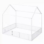 Luxystar Metal House Bed with Fence and Door for Kids's Room, White