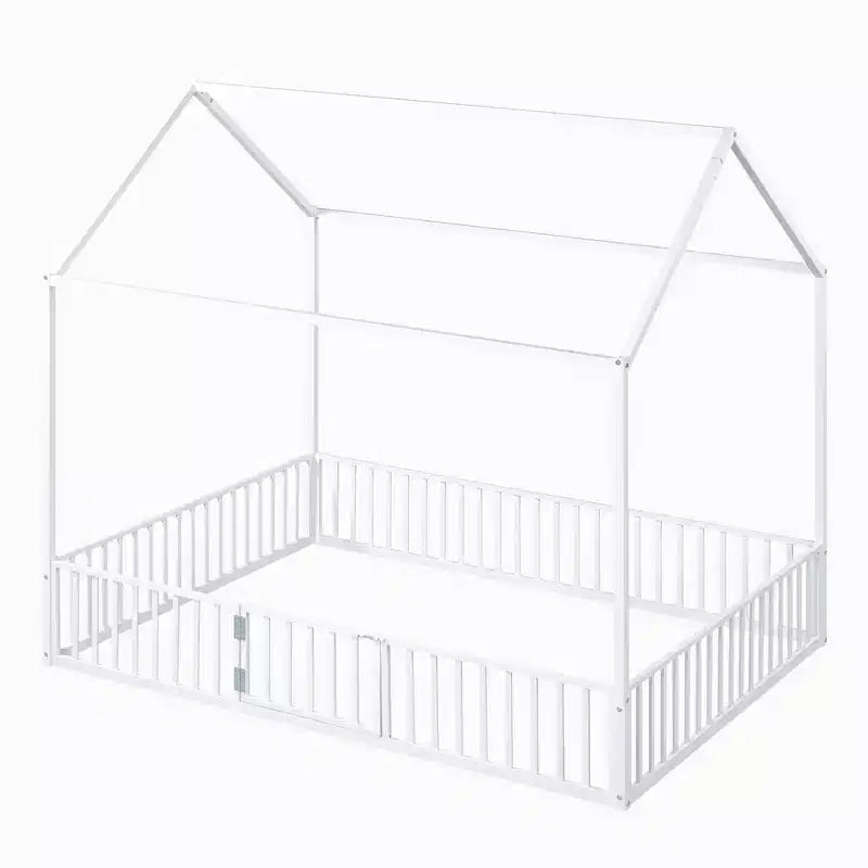 Luxystar Metal House Bed with Fence and Door for Kids's Room, White