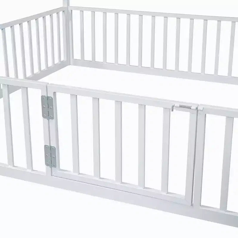 Luxystar Metal House Bed with Fence and Door for Kids's Room, White