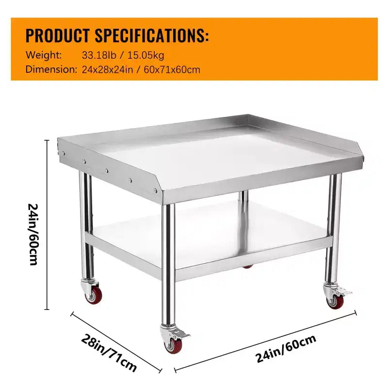 24X28 Grill Stand Table, 1000 Lbs Heavy-Duty Stainless Steel Prep Table with 220 Lbs Undershelf, Ideal for Commercial Kitchens, Hotels, and Homes